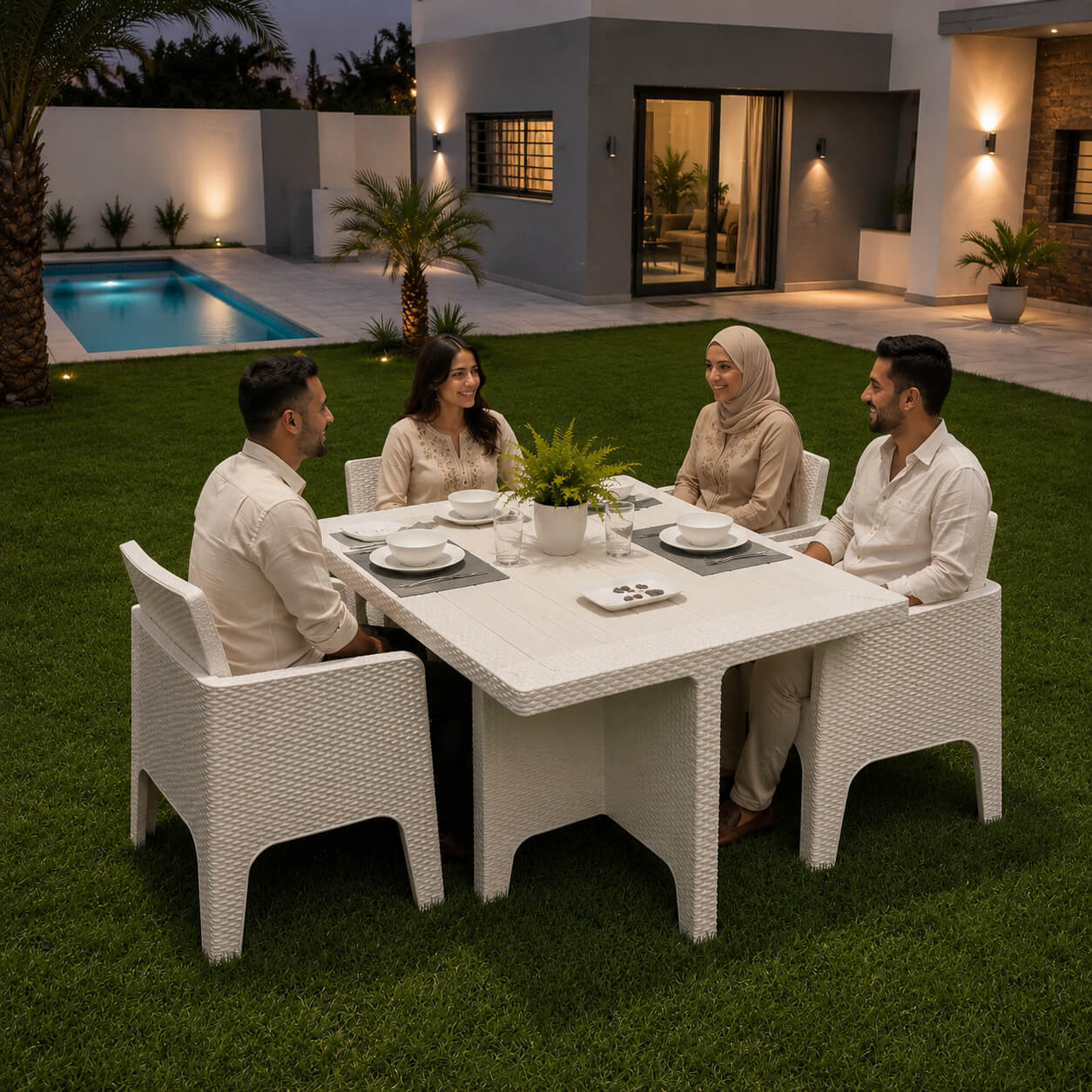 table jardin carrée avec 4 chaises en tunisie