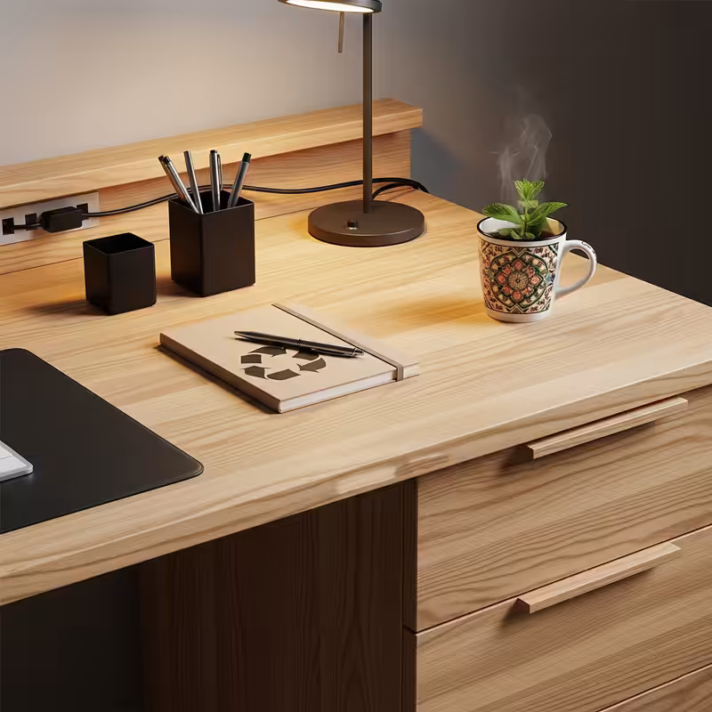 Détail du meuble bureau moderne Tunisie montrant rangements intégrés et finition bois