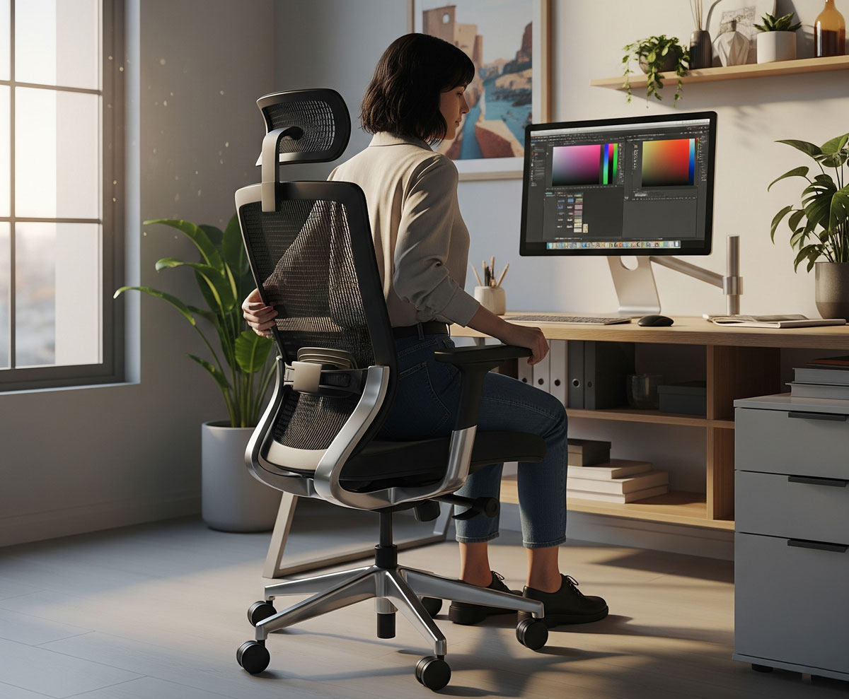 Scène d’achat chaise ergonomique Tunisie dans un bureau moderne à Tunis