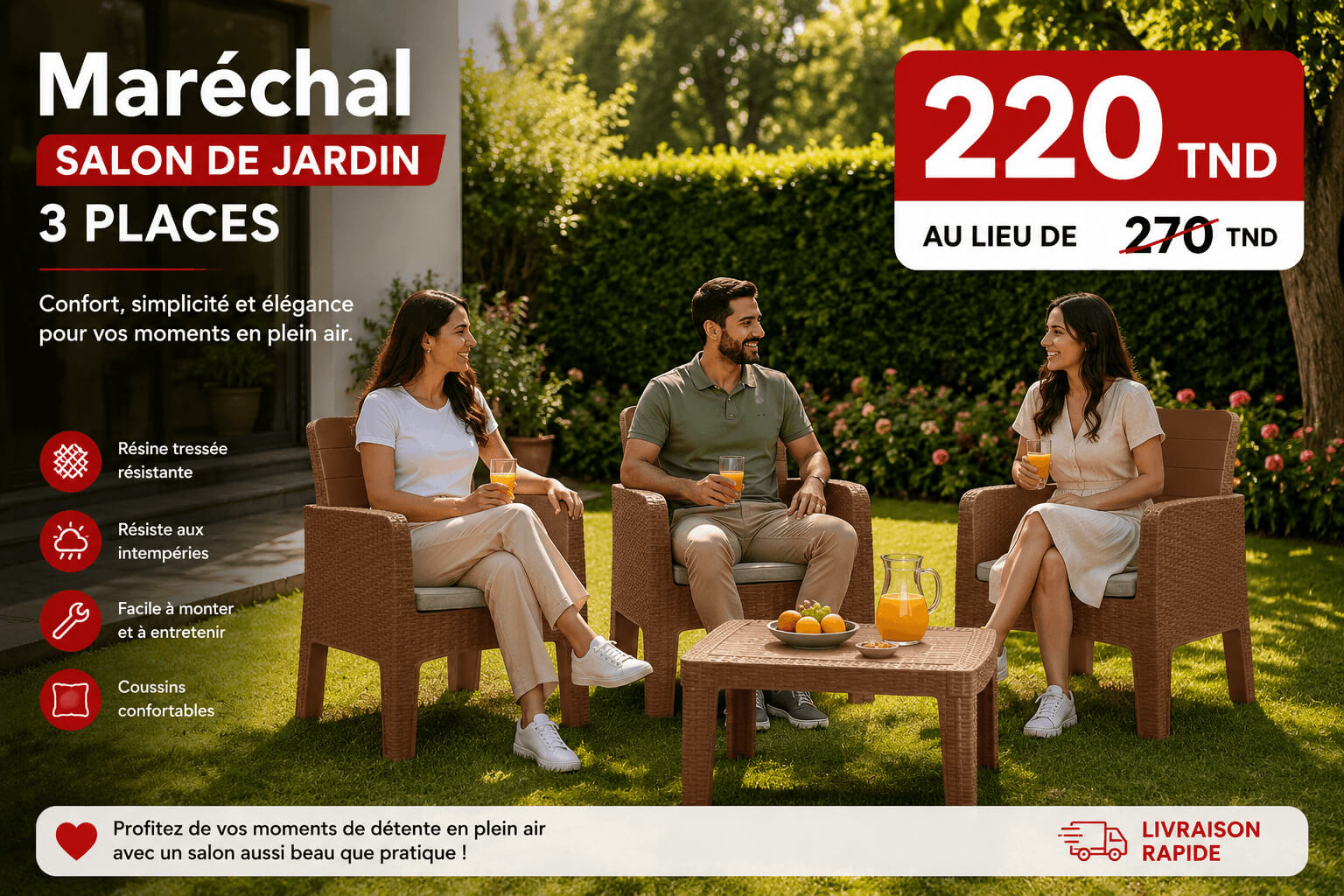 Salon de Jardin Maréchal 3 Places parmi les meilleurs salons de jardin en Tunisie