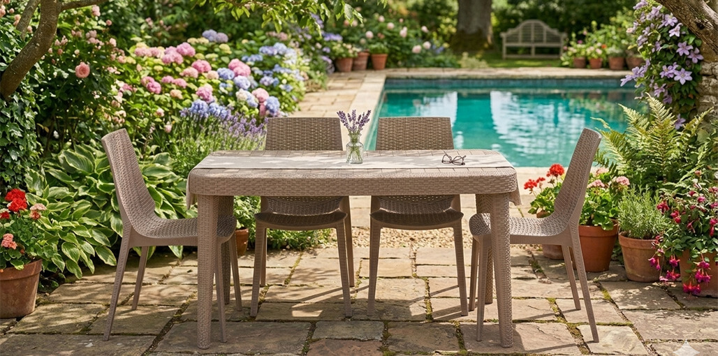 prestige table jardin 4 places avec chaises sans accoudoirs, parmi les meilleurs tables de jardin en Tunisie